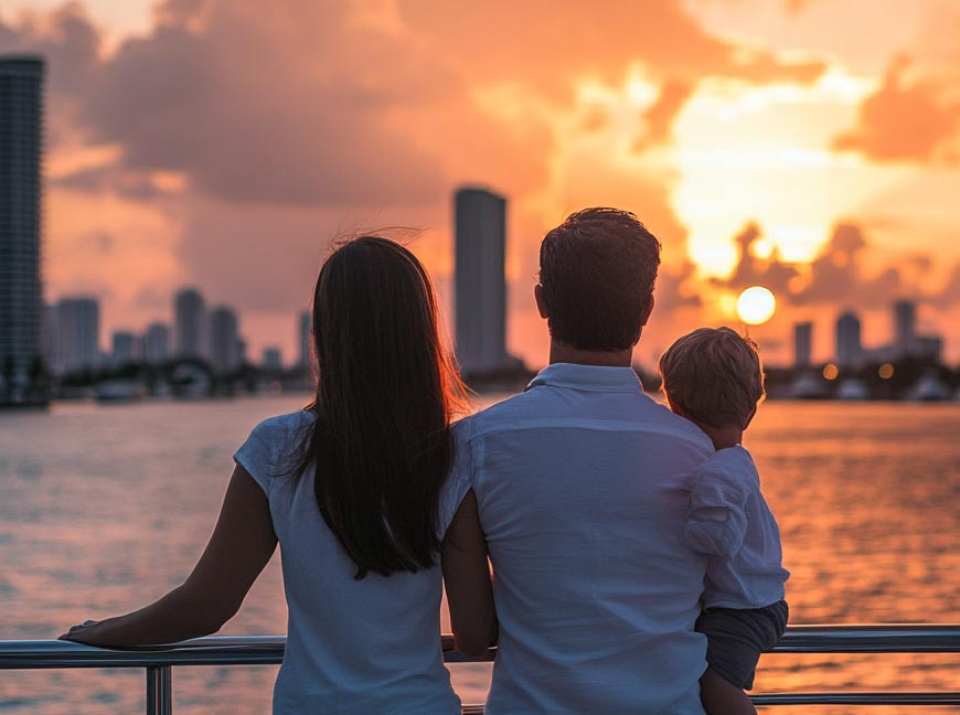 Guests taking in the New York skyline at sunset from the water.